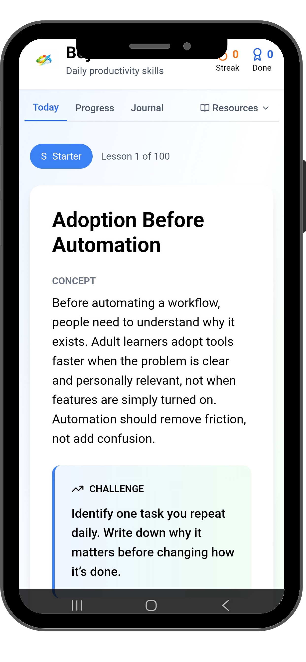 Beyond the Feature app screenshot showing Lesson 1: Adoption Before Automation